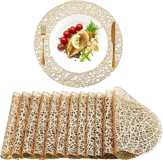 Sieral 12 Packs Gold Round Placemats 15 Inch Hollow Out Pressed Vinyl Place Mats Heat Resistant Woven Gold Placemats for Christmas Dinner Table Winter Holiday Party Wedding Centerpiece Decoration by Sieral