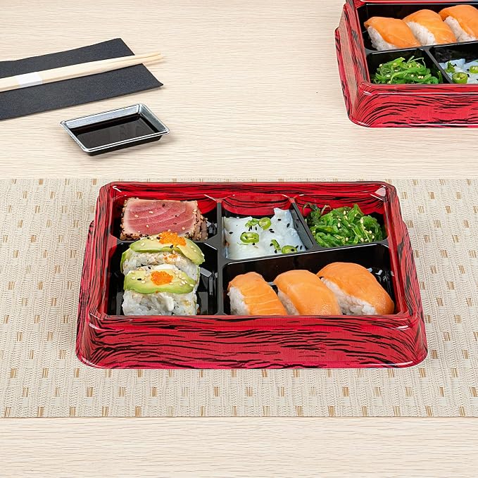Restaurantware-Bento Tek 18.3 Ounce Meal Prep Containers, 50 Disposable To Go Food Boxes - Lids Sold Separately, 5 Compartments, Red And Black Plastic Bento Lunch Boxes, Freezable, For Take Out - Image 4
