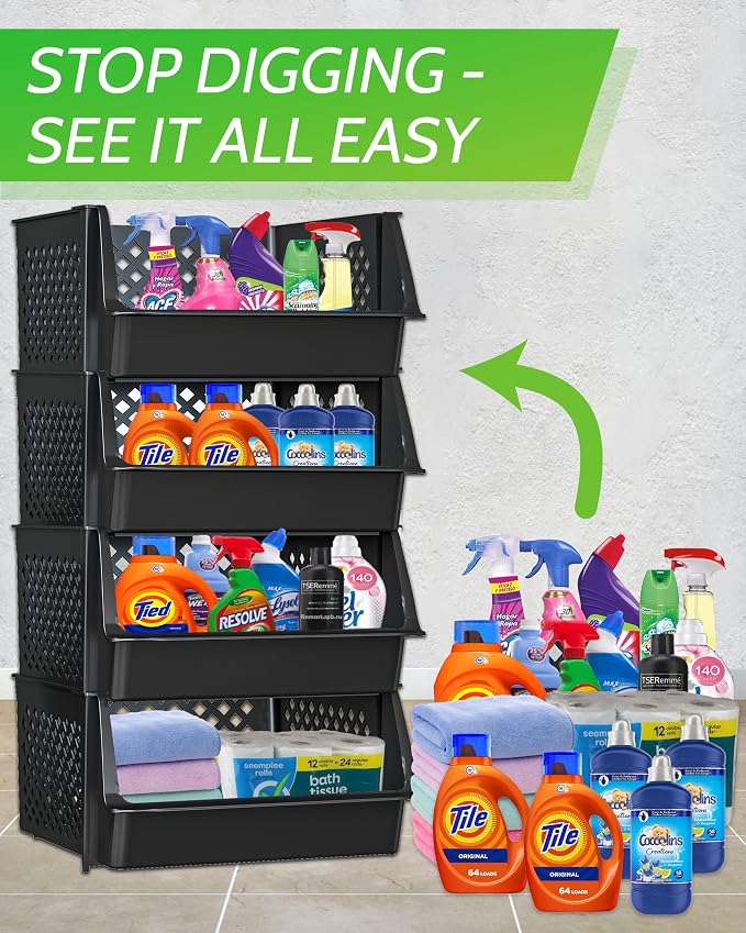 Large Stackable Storage Bins Open Front for Pantry Storage, 4 Pack - Black | Sturdy Plastic, Easy Stacking, Open Front Access, Ventilated Sides, Vertical & Space Saving Pantry Organizers and Storage Bin - Image 4