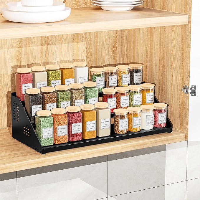 BOIVSHI Spice Organizer, Spice Rack for Expandable 3-Tier, Spice Organization for Cabinet Expandable Width and Adjustable Height, Seasoning Organizer for Cabinet, Countertop, Pantry, Black - Image 2