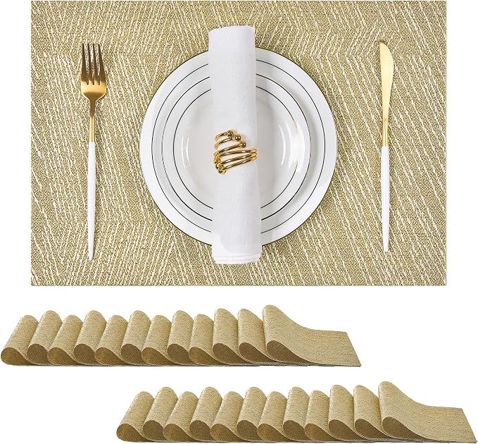 Leetaltree Gold Placemats Set of 24 - Heat Resistant Non-Slip Place mats for Dining Table, Washable Durable PVC Vinyl Woven Table Mats(Luxury Gold, 24) by Leetaltree-ArtatEveryTable
