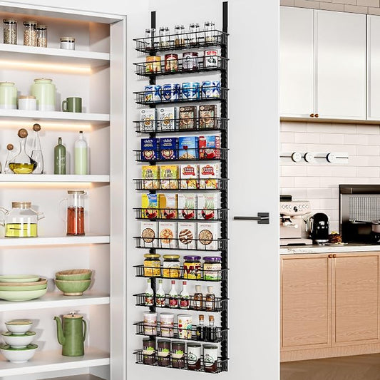 Churboro 12 Tier Over Door Pantry Organizer, 2-in-1 Adjustable Spice Rack | Pantry Door Organizers and Storage, Hanging or Wall Mount Spice Rack, Sturdy Metal Shelves with 12 Adjustable Baskets, Black by Churboro