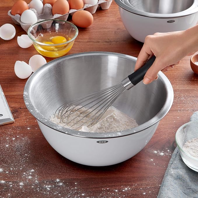 OXO Good Grips 3-Piece Stainless Steel Mixing Bowl Set (White) and OXO Good Grips 3-Piece Angled Measuring Cup Set (Black) - Image 4