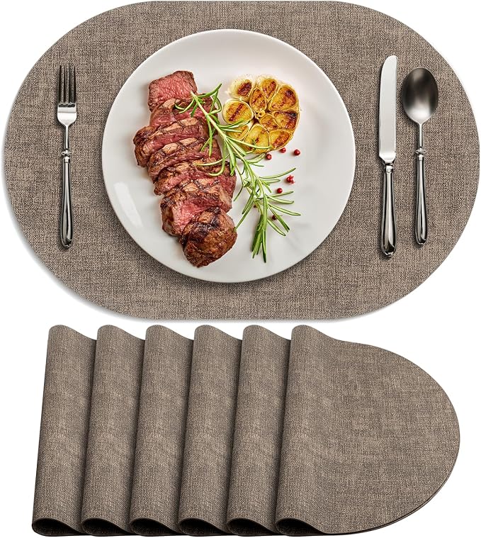 Placemats Set of 6 - Washable Heat Resistant Table Placemats - Wipeable Faux Leather Oval Place Mats, Waterproof Table Mats for Dining Table, Dark Brown by Delicateandelegantplacemats