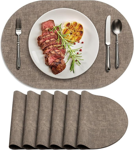 Placemats Set of 6 - Washable Heat Resistant Table Placemats - Wipeable Faux Leather Oval Place Mats, Waterproof Table Mats for Dining Table, Dark Brown by Delicateandelegantplacemats