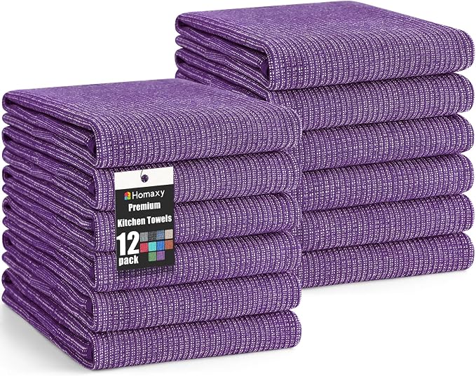 Homaxy 380 GSM Cotton Premium Kitchen Towels 12 Pack, 18"x 28", Purple | Flat and Terry Dish Towels, Highly Absorbent Tea Towel Set with Hanging Loop, Soft Utility Kitchen Hand Towels by Homaxy
