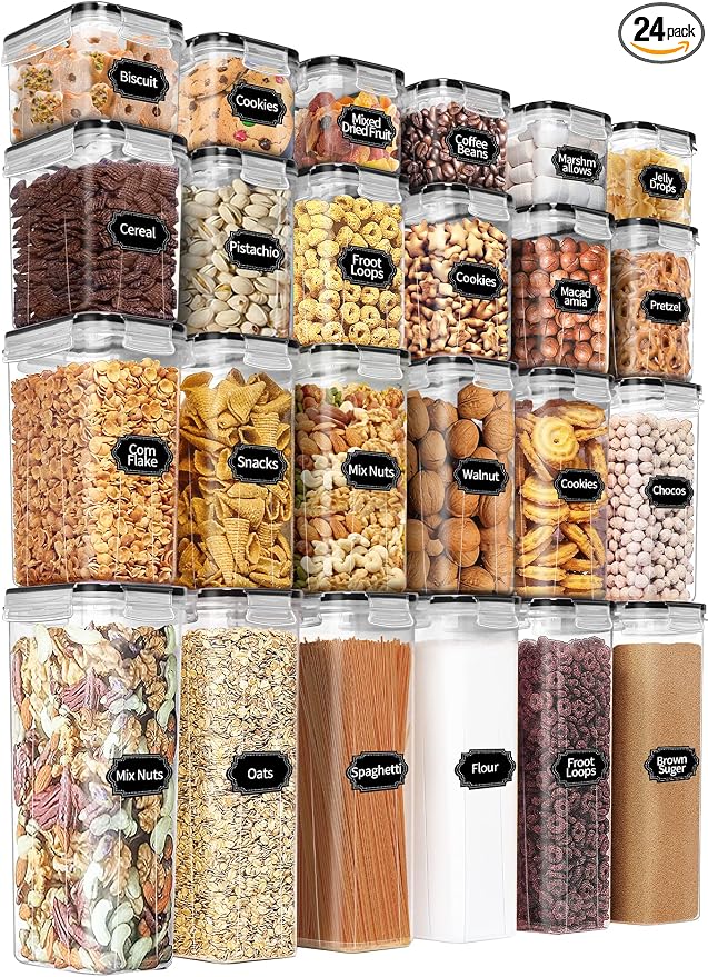 PRAKI Airtight Food Storage Containers Set with Lids - 24 PCS, BPA Free Kitchen and Pantry Organization, Plastic Leak-proof Canisters for Cereal Flour & Sugar - Labels & Marker by PRAKI