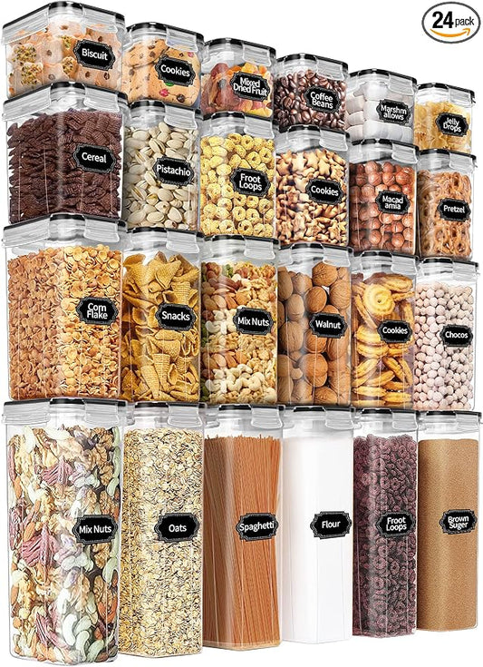 PRAKI Airtight Food Storage Containers Set with Lids - 24 PCS, BPA Free Kitchen and Pantry Organization, Plastic Leak-proof Canisters for Cereal Flour & Sugar - Labels & Marker by PRAKI