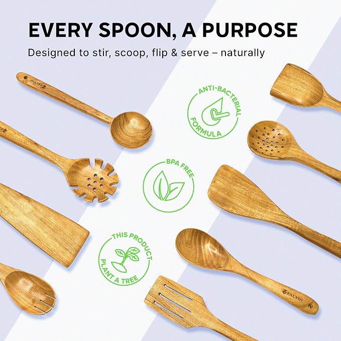 Zalvio 10-Piece Acacia Wood Utensil Set – Handmade Wooden Spoons with Spoon Rest | Heat-Resistant Eco-Friendly Cooking Tools for Nonstick Cookware - Image 6