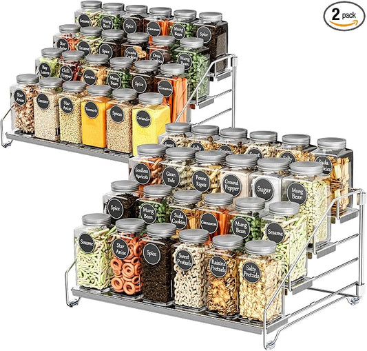 BOIVSHI Spice Organization for Cabinet, Adjustable Depth Spice Shelf | 4 Tiered Spice Rack for Cabinet, Metal Space Saving Spice Organizer for Countertop, Easy Access Spices - Chrome, 2 Pack by BOIVSHI