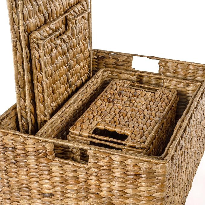 happimess Traditional 10-Piece Hyacinth Wicker Baskets, Natural | Hand-Woven Iron Frame Storage, Lidded Trunk, Trash Bin, Southwestern Style, Living Room Bedroom Decor - Image 4