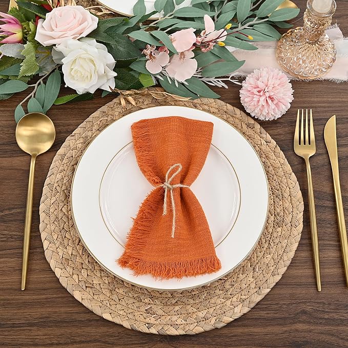 Orange Cotton Linen Napkins - 36 Pack, 16 x 16 Inch, Handmade With Fringe - Image 6