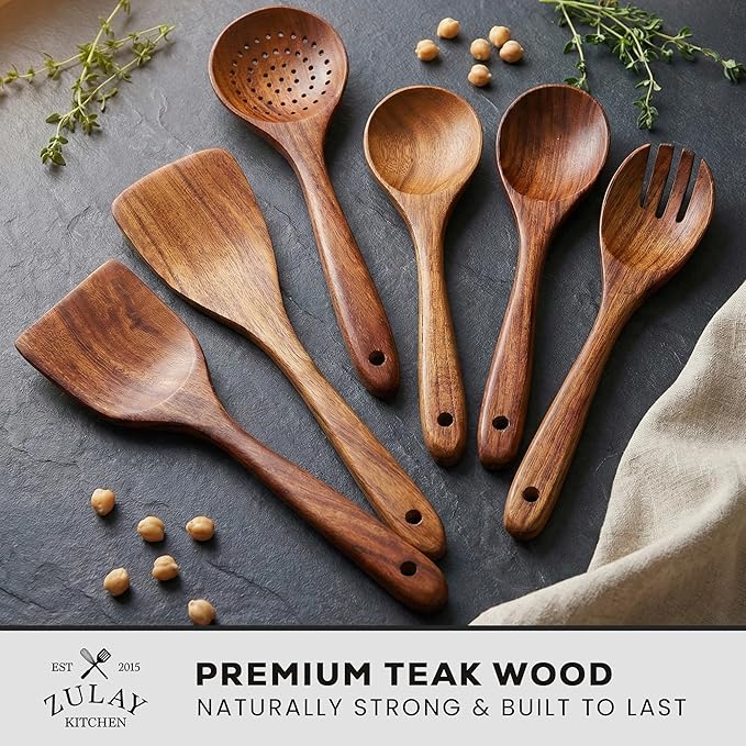 Zulay Kitchen 6 Piece Wooden Spoons for Cooking – Natural Teak Wooden Utensil Set, Easy to Clean, Durable, Smooth with Comfort Grip - Non Toxic Wooden Cooking Utensil Sets - Image 2