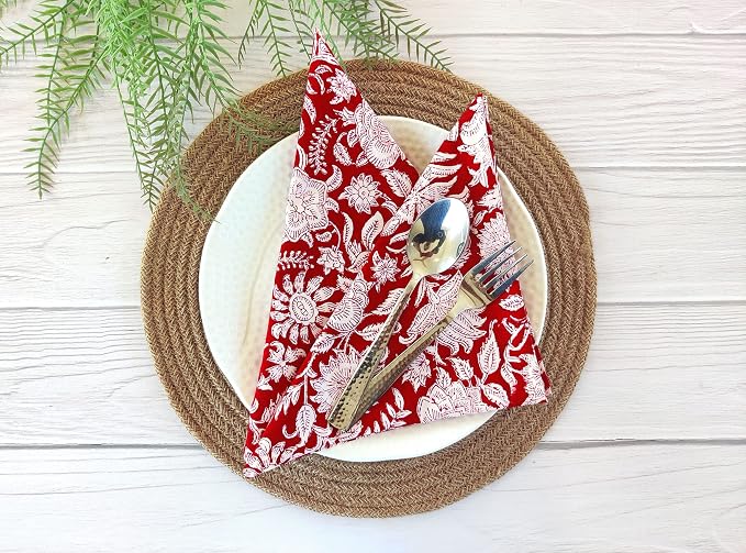 AVKA Studio Cotton Print Napkins 18x18 inches - Washable Cloth Dinner Napkins Set of 12 - Everyday Use or Dinner Party and Events - Red White Indian Block Printed Soft Fabric - Image 2