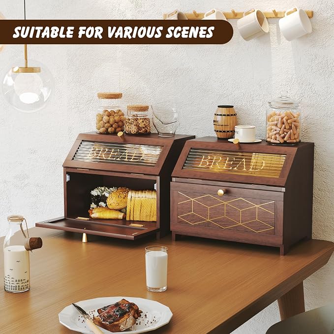 HOLTICO Double Layer Bread Box With Golden Trim for Countertop, Wooden Bread Container for Kitchen Counter, Corner Bread Storage, Brown - Image 5