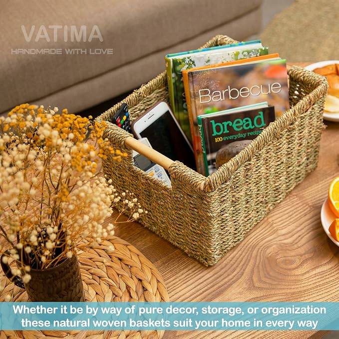 Large Wicker Storage Basket with Wooden Handles, Seagrass Basket for Shelves, Natural Wicker Bin With Handle for Storage 14.5 x 10.3 x 7.5 inches - Image 8