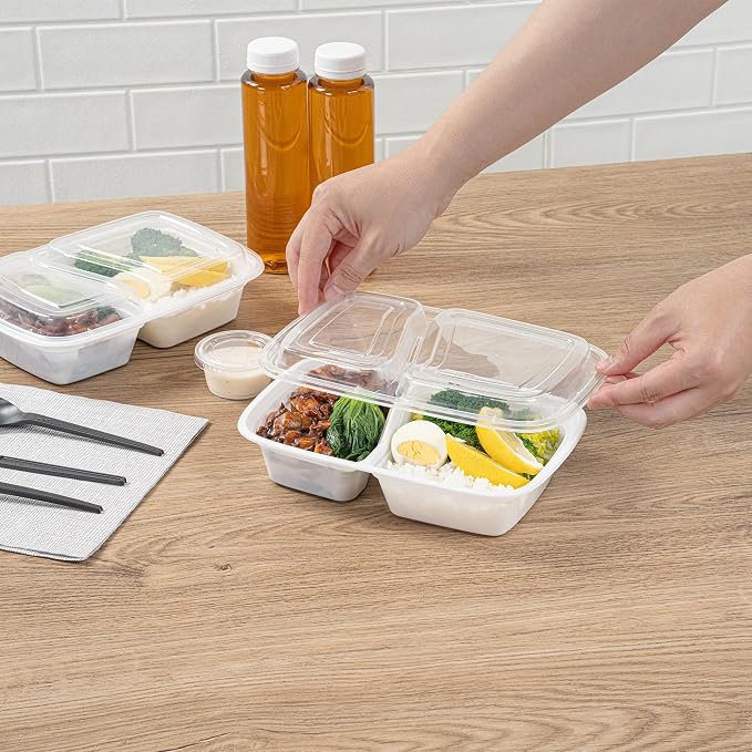 Asporto 32 Ounce Compartment Take Out Boxes, 50 Microwavable Meal Prep Containers - 2 Compartments, With Clear Plastic Lids, White Plastic Food Containers, Do Not Contain BPA - Restaurantware - Image 5