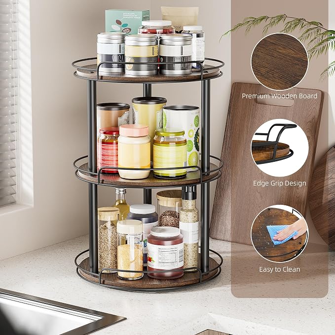 LAMU 10'' Wood Lazy Susan Turntable Organizer for Cabinet, 3 Tier Lazy Susan Spice Rack Organizer for Kitchen, Wood Turntable for Table Top, Countertop, Pantry, Bathroom - Image 2