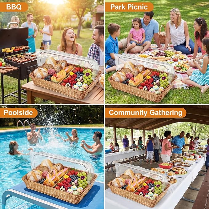 2 Set Wicker Bread Baskets for Serving with Clear Acrylic Roll Top Lid Woven Rattan Bread Basket Large for Fruit Food Picnic Summer Pool Party Outdoor BBQ(21.06 x 12.6 Inch,1 Compartment) - Image 6