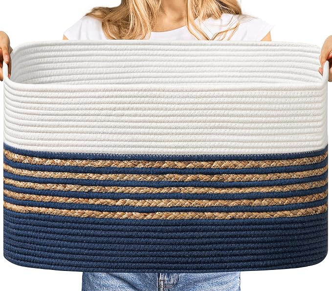 UBBCARE Blanket Basket, Large Rectangle Woven Storage Basket With Handles, Cotton Rope Toy Basket for Living Room, Nursery Baskets for Organizing, 22''L×17''W×12''H, Navy Blue by UBBCARE