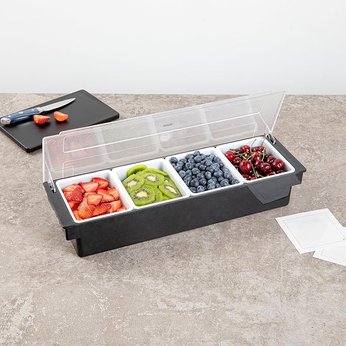Restaurantware Bar Lux 19.6 x 6.3 x 3.7 Inch Condiment Caddy 1 Durable Bar Caddy - 4 Removable Compartments Built-In Lid Black Plastic Condiment Holder For Restaurant Store Cocktail Garnish - Image 3