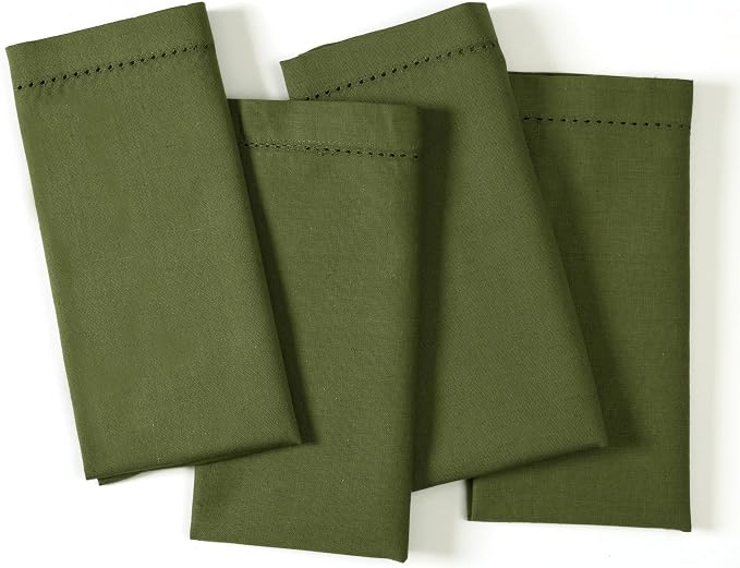 Ramanta Home Olive Green Cloth Dinner Napkin Set of 4-18x18 Inch | Cotton Linen Flax Hemstitched Napkins Washable for Everyday Use by RamantaHome