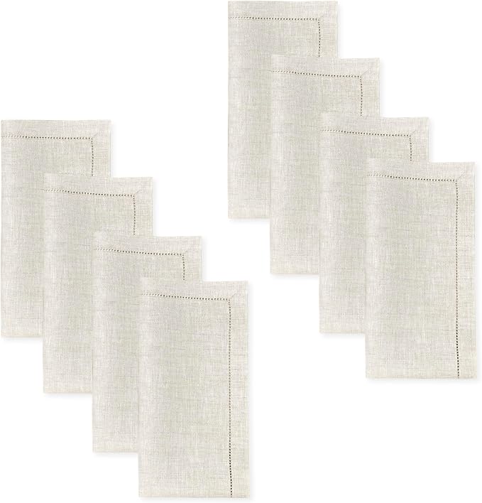 Signature Linen™ by D'Moksha Light Natural Dinner Napkins Set of 8, 20 x 20 Inch Cloth Napkins, 100% Pure Linen, Hemstitch, Machine Washable Table Napkins- Summer, Weddings, Outdoor hostings by DMokshaHomes