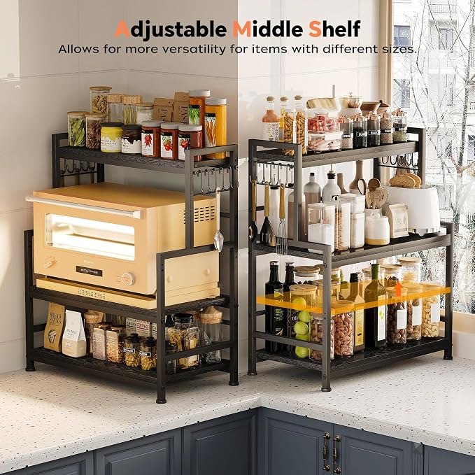 23.6"W Large Kitchen Countertop Organizer, 3 Tier Spice Rack Organizer with Adjustable Shelf and 10 Hooks, Wooden Counter Organizer, Countertop Shelf Microwave Stand for Kitchen, Coffee Bar, Black - Image 7