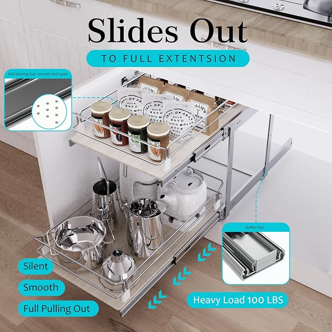 2 Tier Pull Out Cabinet Organizer 14.45" W X 22" D, Wood & Chromed | Full Slide Out Drawers For Kitchen Cabinets, Cabinets Capacity Heavy Duty Caddy, Cabinet Pullout Shelves , Pantry Storage - Image 3