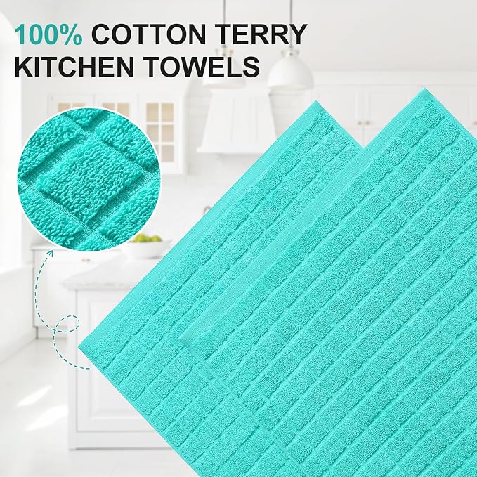 Homaxy Premium Ring Spun Cotton 390 GSM Kitchen Towels, 6 Pack, Aqua | 16" x 28" Large Dish Towels, Super Absorbent Terry Hand Towels, Soft Tea Towels with Hanging Loops - Image 2