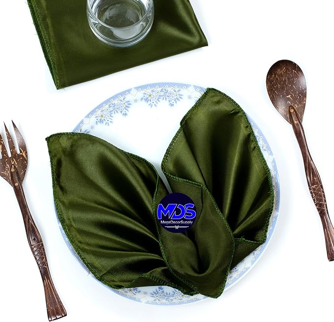 Set of 100 PCS Satin Napkin 12x12 Inch Square, Dinner Table Napkins for Wedding, Bulk Silky Sateen Cloth Napkins for Restaurant Banquet Graduation Birthday Party Decoration - Olive Green by MDS