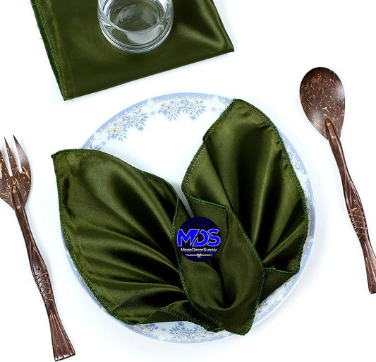 Set of 100 PCS Satin Napkin 12x12 Inch Square, Dinner Table Napkins for Wedding, Bulk Silky Sateen Cloth Napkins for Restaurant Banquet Graduation Birthday Party Decoration - Olive Green by MDS