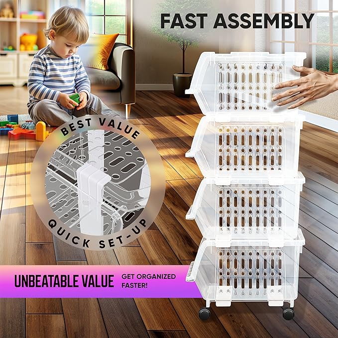 Small Stackable Storage Bins Open Front with Wheels, 4 Pack - Clear | Easy Assembly, Sturdy Plastic, Open Front Access, Smooth Rolling Wheels, Stackable, Large Capacity Storage - Image 4