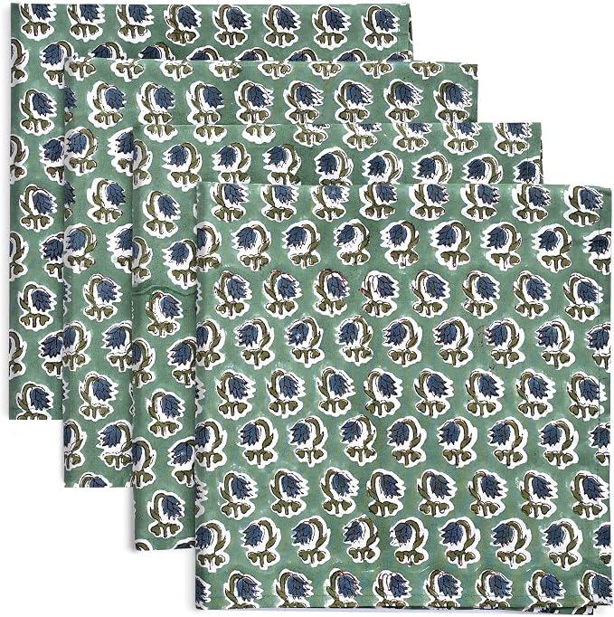 Basil Green Hand Block Print 100% Cotton Napkins 18" x 18" (Set of 4) Reuseable Kitchen Napkins Cloth Decor Dinner Party Wedding Cocktail Gift for Spring, Easter, Summer by Ridhi