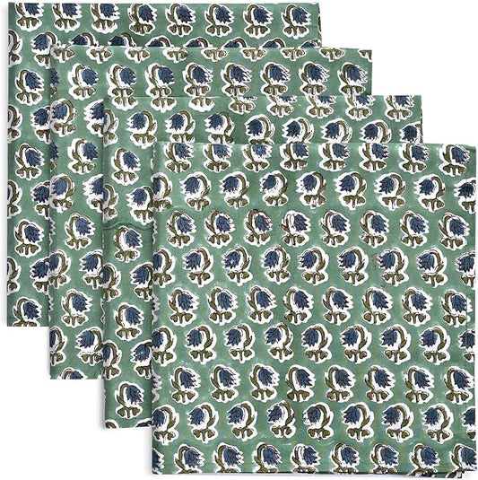 Basil Green Hand Block Print 100% Cotton Napkins 18" x 18" (Set of 4) Reuseable Kitchen Napkins Cloth Decor Dinner Party Wedding Cocktail Gift for Spring, Easter, Summer by Ridhi