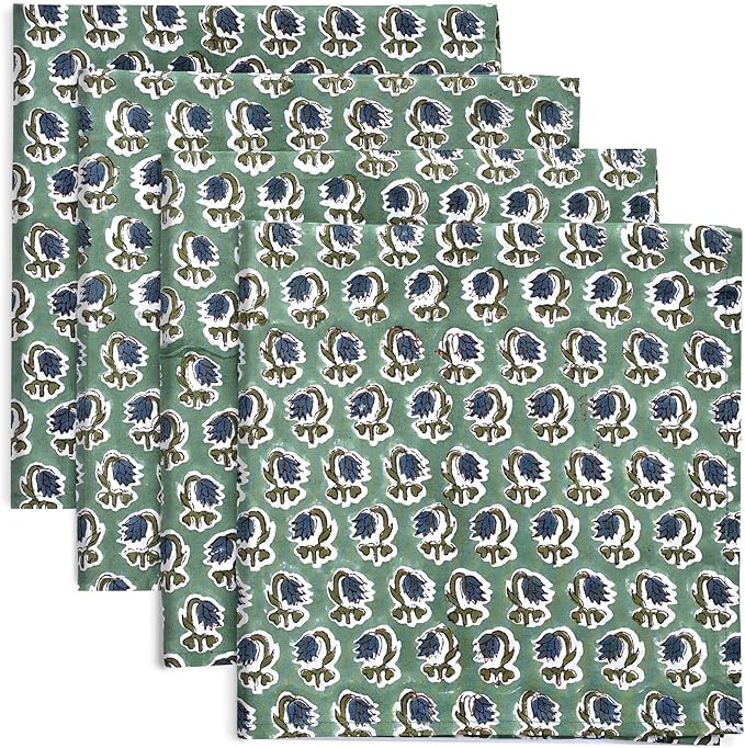 Basil Green Hand Block Print 100% Cotton Napkins 18" x 18" (Set of 4) Reuseable Kitchen Napkins Cloth Decor Dinner Party Wedding Cocktail Gift for Spring, Easter, Summer by Ridhi