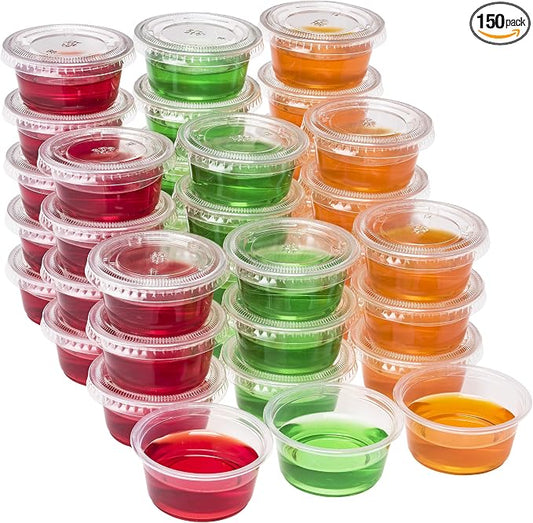 DuraHome Plastic Portion Cups with Lids 2 oz. Pack of 150 Leakproof Jello Shot Cup Mini Containers for Salad Dressing Sauce Condiment Snack Souffle and Salsa, Disposable by DuraHome