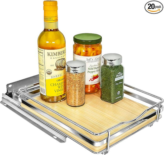 LYNK PROFESSIONAL® Élite™ Pull Out Spice Organization for Cabinets - 8-3/8 inch Wide – Spice Rack for Inside Cabinets – Wood/Chrome - Sliding Spice Rack Organizer for cabinet – Spice Rack - 1 Tier by LYNKPROFESSIONAL