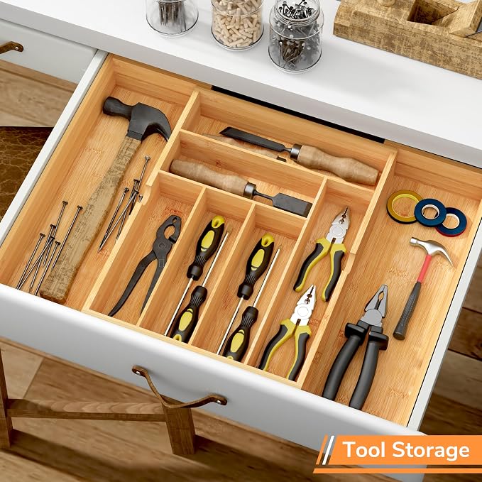 BAMEOS 3" Deepth Expandable Drawer Organizer, Deep Flatware Organizer, Adjustable Silverware Organizer, Bamboo Drawer Organizer for Kitchen, Bathroom (Natural) - Image 5