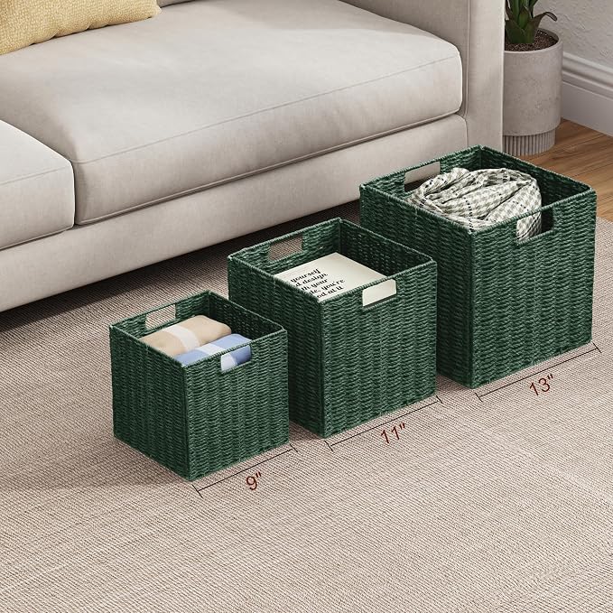 Wicker Storage Basket, Set of 2 Hand-Woven Paper Rope Wicker Basket, Foldable Cube Storage Bins, Square Large Storage Baskets for Organizing Shelves & Decor, Orange (13″×13″×13″) - Image 5