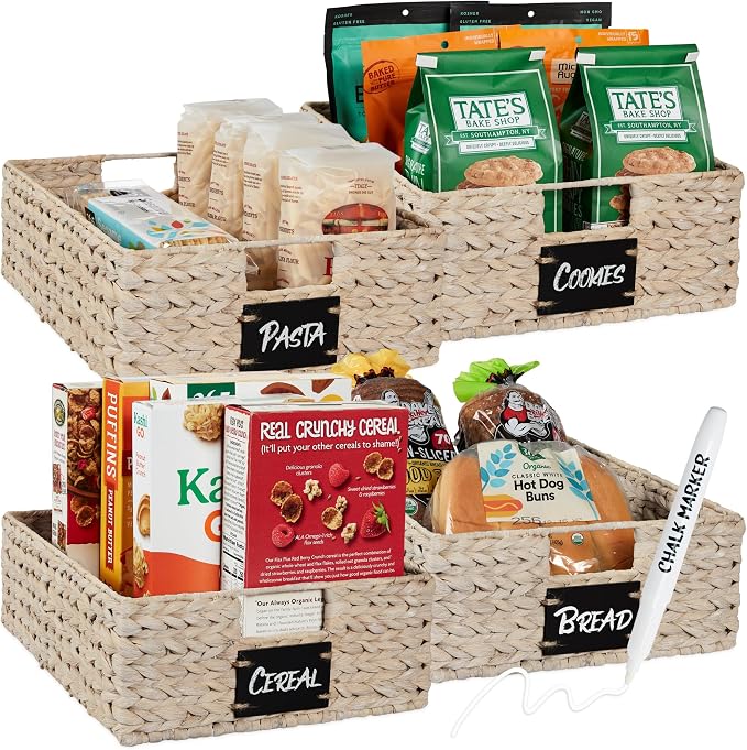 Best Choice Products Set of 4 16x12in Large Water Hyacinth Pantry Baskets, Woven Organizers w/Chalkboard Label, Chalk Marker - White by Unknown