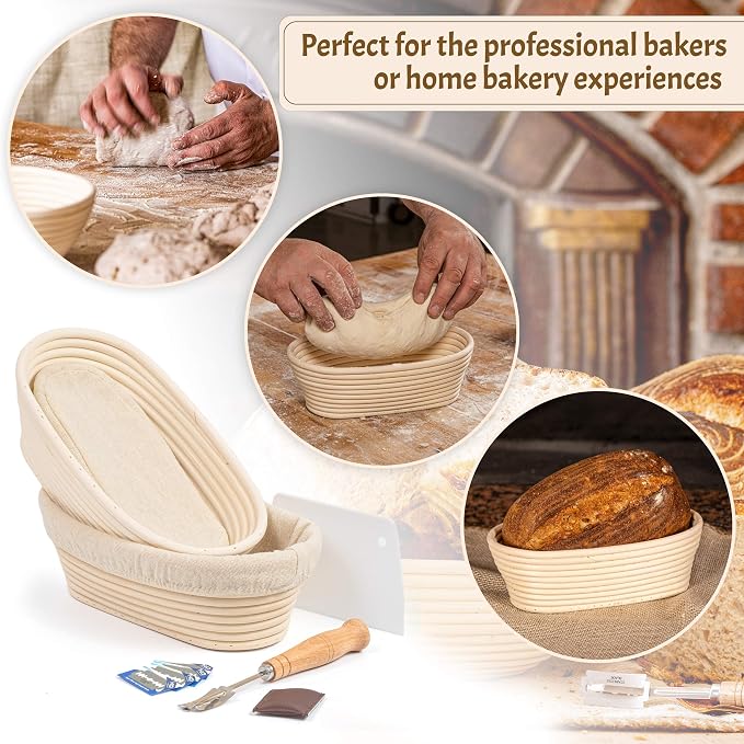 11" Oval Banneton Proofing Basket Set of 2 - Sourdough Starter Kit with Bread Lame, Danish Whisk, Metal & Bowl Scrapers, Cleaning Brush - Professional Artisan Baker Gift Set - Image 8