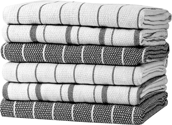 Zeppoli Classic Kitchen Towels - 6 Pack 100% Natural Cotton Towel Set, Reusable Wash Cloths, Absorbent Dish Towels, Machine Washable Hand Towels, Kitchen Essentials, 20" x 28" - Black VAR by Zeppoli