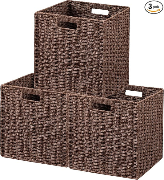 UBBCARE 3 Pack Wicker Basket, 11L×11H×10.5W inch Woven Paper Rope Storage Baskets for Shelves, Foldable Cube Storage bin with Handle, Storage Basket for Organizing & Decor, Brown by UBBCARE