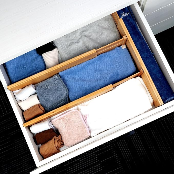 Utoplike Bamboo Drawer Dividers Large, 4" High Kitchen Drawers Organizer | Adjustable, Spring Loaded, Works in Bathroom, Bedroom, Dresser, Office, 4pcs for Clothing, Fit for 18.6"-20.6" Inner Drawer - Image 4
