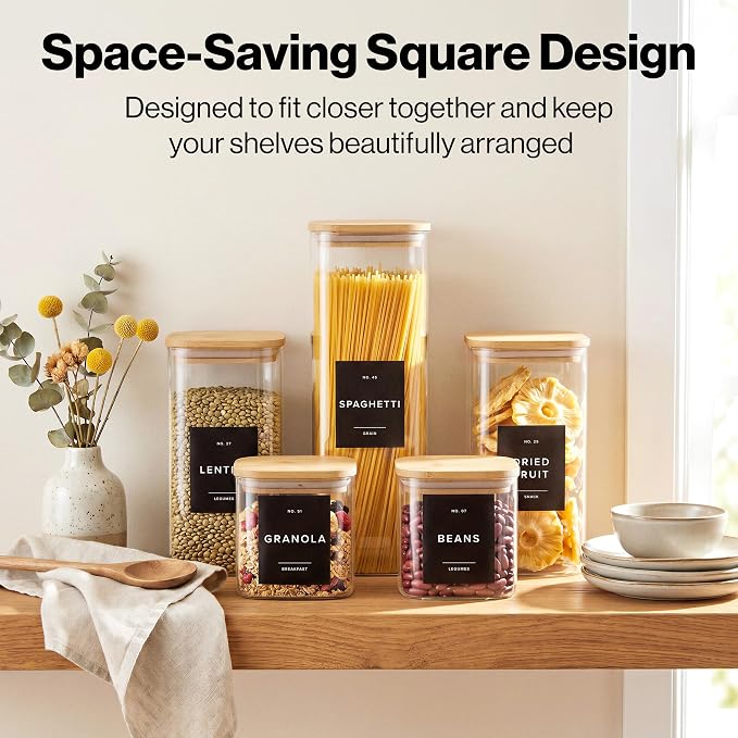 Glass Pantry Storage Jars Containers with Bamboo Lids and Labels - Set of 5 | Extra Thick Square Glass Canisters with Bamboo Wood Lids and 54 Pre-printed Pantry Labels keeps dry Goods Fresh and Organized - Image 3