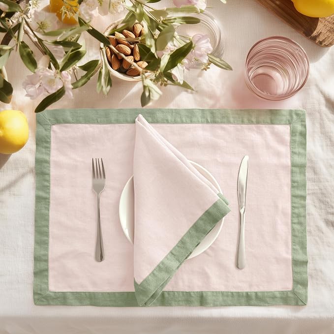 Linen World 100% French Linen Placemats Set of 4,21 x 15 Inch Double Layer Table Mats,Washable Heavyweight Placemats for Holiday Dining Kitchen Decor,Blush Pink with Sage Green Contrast Border by LLinenWorld