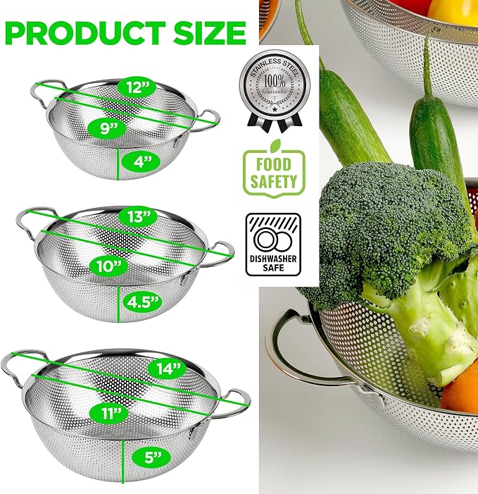 Premium 18/8 304 Stainless Steel Set of 3 – Micro-Perforated Strainers with Handles, Self-Draining Base for Pasta Vegetables Fruit, Heavy Duty (4, 6, 8 Qt) Made in Korea - Image 5