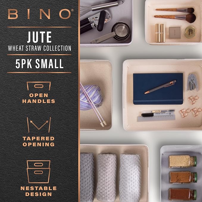 BINO | Woven Plastic Basket | Small (Natural Grey), 5-Pack | THE JUTE COLLECTION | Home Organization, Space - Saving Storage, Stylish Design | Jute Basket | Plastic Storage Basket - Image 2