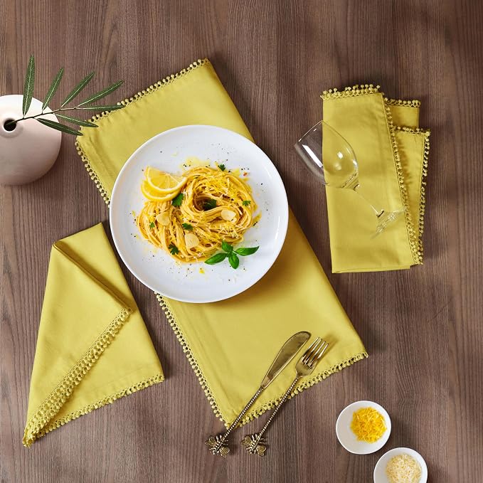 Bedding Craft Cotton Cloth Dinner Napkins Set of 12 – 18x18 Yellow with Decorative Lace Selvedge – Durable Machine Washable Fabric Napkins for Weddings, Baby Showers, Parties & Dining - Image 2
